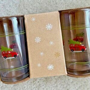 NEW S4 Pottery Barn Christmas Car Juice Glasses | Woody Juice Glass 3265753 NIB